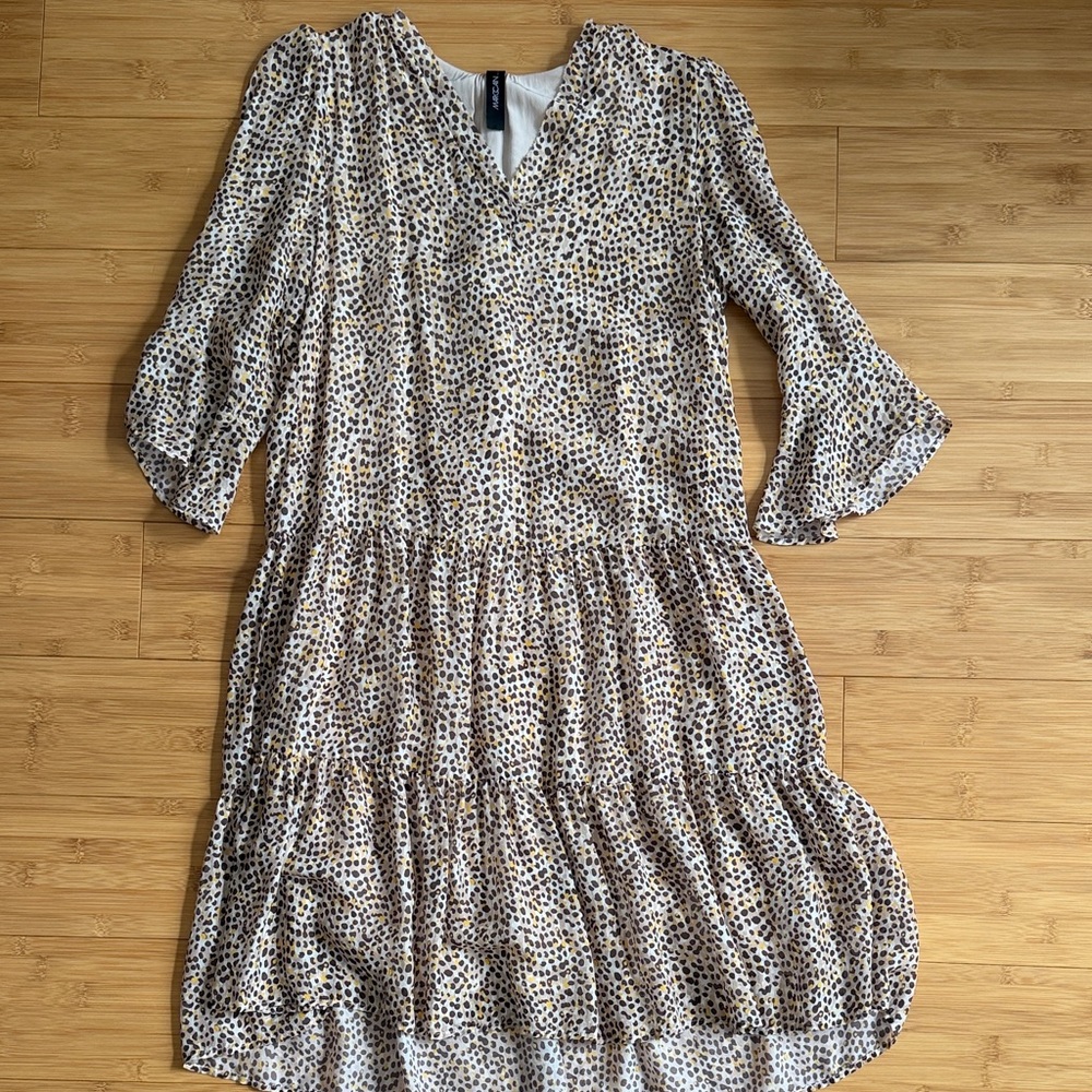 Marc Cain White and Brown Patterned Long Sleeve Dress